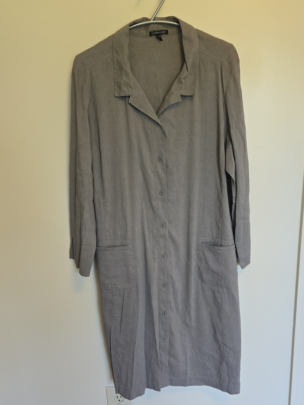 Eileen Fisher Linen Blend Shirt Dress Button Down Shift XL Gray Patch Pockets